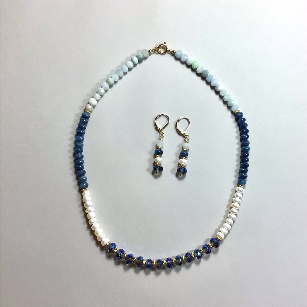Elegant Kyanite, Aquamarine and FW Pearl Beaded Necklace